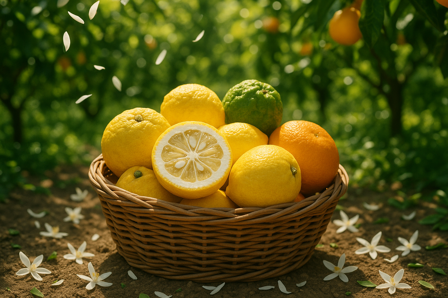 basket of citrus fruits featuring several Yuzu (please cut one of the Yuzu), accompany by Lemon, Sweet Orange, and Bergamot, with a few neroli petals falling on the ground in a citrus fruit garden 