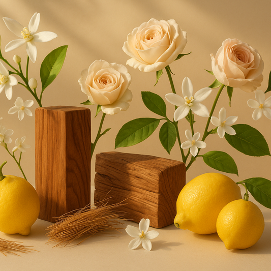create a image showcasing the key notes of orange blossom, lemon, rose, jasmine, teakwood, and vetiver in background, giving a warm, luxurious, and natural feeling