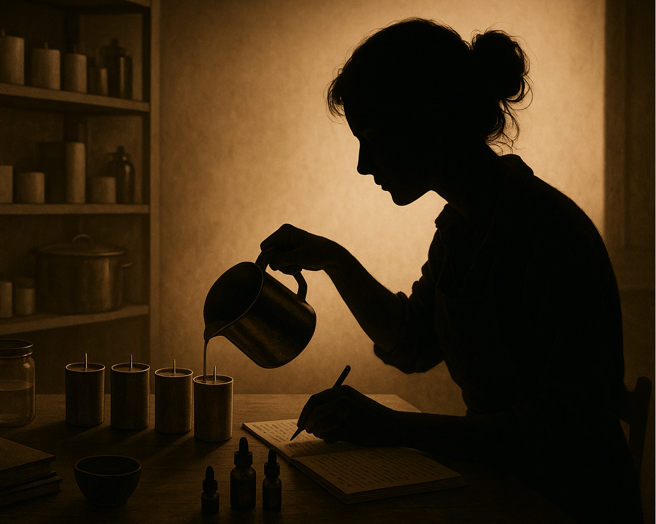 create a silhouette of a woman crafting candles and writing notes on fragrance blend and what wax type is the best, showcasing craftsmanship and attention to details 