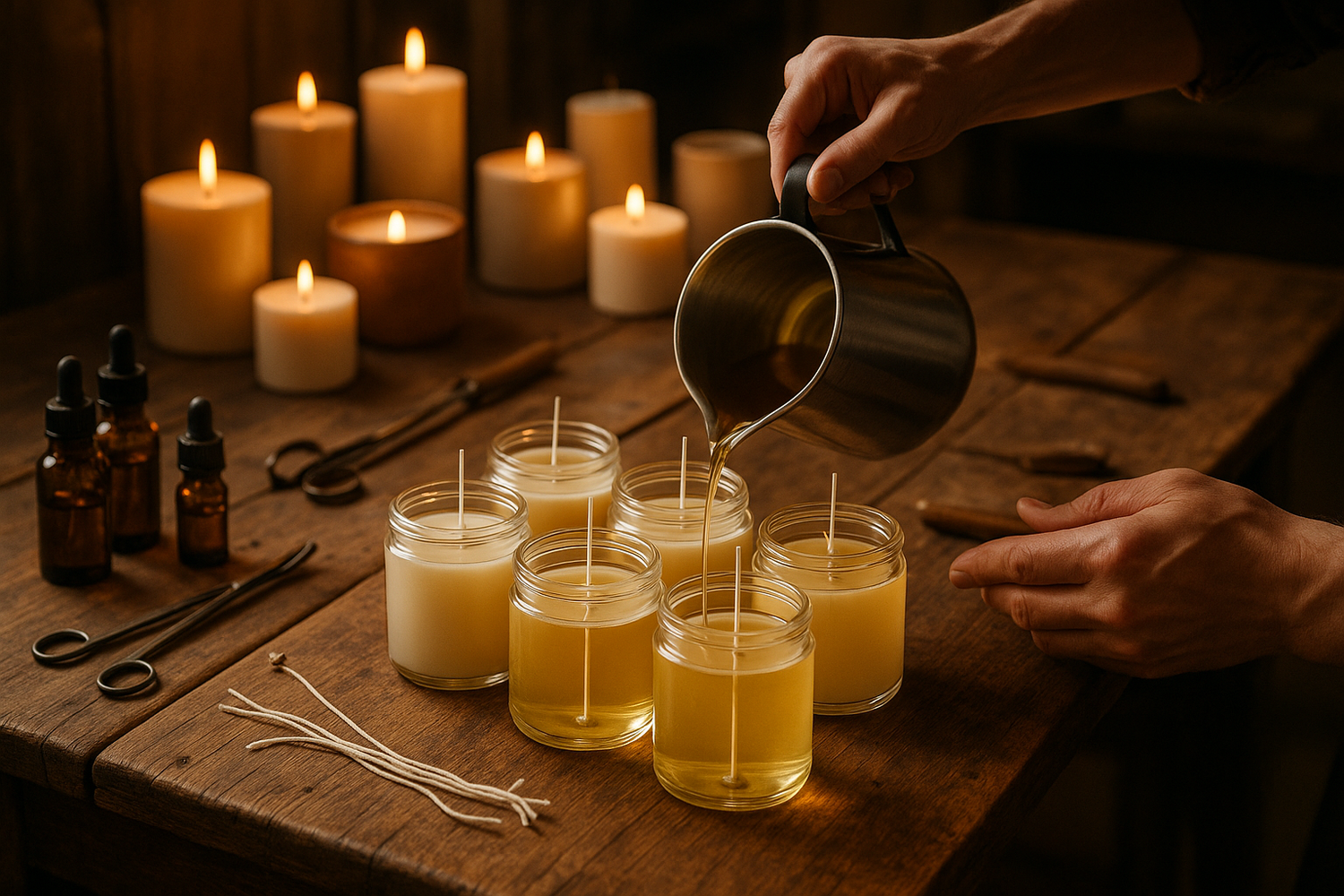 create an image accompanying this paragragh Authentic Artisan Craft: Every candle is hand-poured in small batches, with individual quality and burn tests to help ensure excellent performance and fragrance throw.

