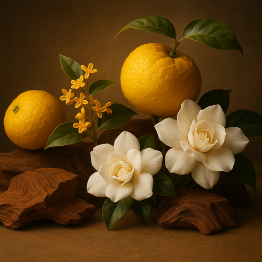 create an image for this paragraph Distinctive, Rare Scents & Complex, Layered Experience: Discover unique blends inspired by Asian botanicals (Yuzu, Osmanthus, Gardenia, Teakwood) and artistic compositions not commonly found elsewhere. Each fragrance features a balanced structure of top, body, and base notes for a truly dynamic, immersive journey.