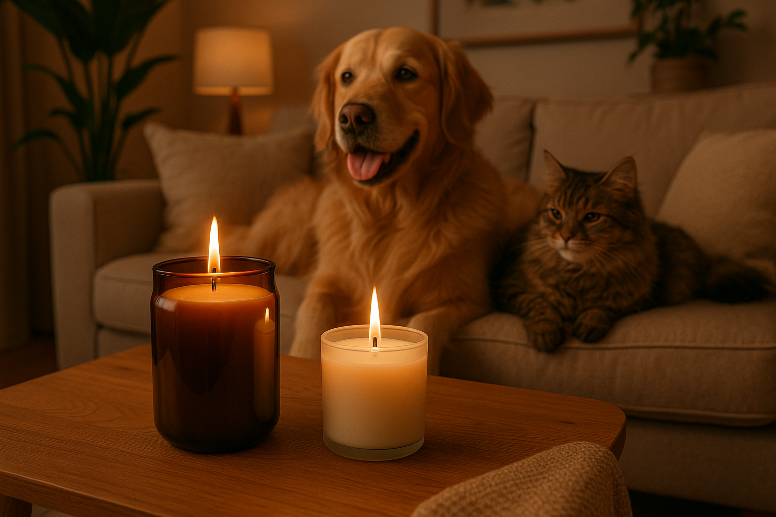 create an image for this paragraph (make sure to include dog and cat pets in the background) Our scents rely on rigorously tested, candle-safe fragrance oils in place of essential oils—supporting enhanced aroma, clean air quality, and peace of mind for homes with pets and families.