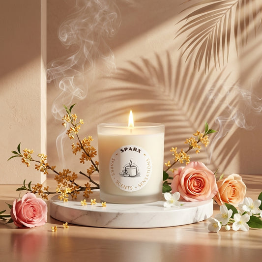 Gilded Reverie (Osmanthus) scented soy candle in frosted glass, lit, styled with osmanthus blossoms, roses and jasmine in warm sunlight