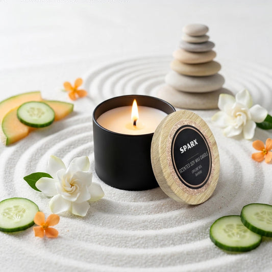Opaline Veil (Gardenia) scented soy candle in black tin, lit, bamboo lid beside it, styled with gardenia blossoms on raked white sand