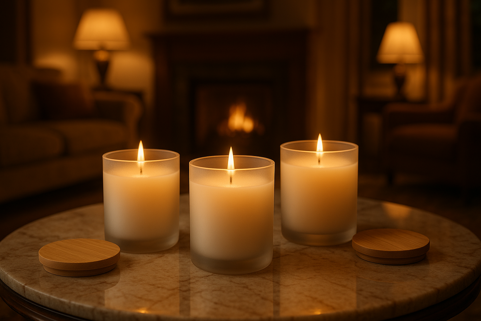 show three candles in frosted glass container and bamboo lids. background using luxurious and warm living room ambiance